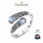 S925 Sterling Silver Moonstone Synthetic Women's Adjustable Thumb Open Ring, Victoria Vintage Style Hypoallergenic Nickel Free, Retro Floral, Lucky, Faith, Mother's Love Ring, Bohemian Style, Daily, Party, Holiday, Valentine's Day, Halloween, Easter Gift