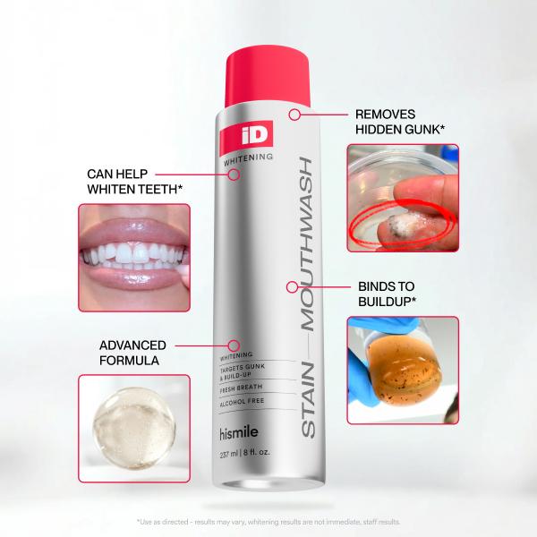 Hismile iD Stain Whitening Mouthwash for White Teeth, Freshens Breath with Essential Oils 237ml