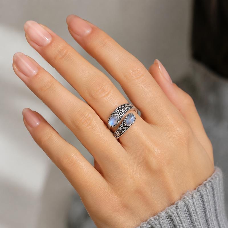 S925 Sterling Silver Moonstone Synthetic Women's Adjustable Thumb Open Ring, Victoria Vintage Style Hypoallergenic Nickel Free, Retro Floral, Lucky, Faith, Mother's Love Ring, Bohemian Style, Daily, Party, Holiday, Valentine's Day, Halloween, Easter Gift