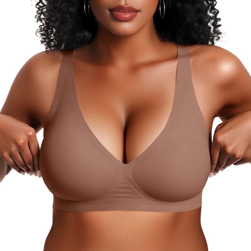 Vertvie Jelly Bra Polka Dots Deep V Seamless Bras Wireless Everyday T-shirt Bra Plunge with Wide Straps Comfort & Sexy