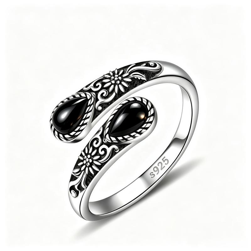 S925 Sterling Silver Moonstone Synthetic Women's Adjustable Thumb Open Ring, Victoria Vintage Style Hypoallergenic Nickel Free, Retro Floral, Lucky, Faith, Mother's Love Ring, Bohemian Style, Daily, Party, Holiday, Valentine's Day, Halloween, Easter Gift