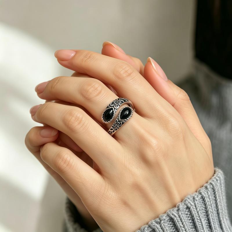 S925 Sterling Silver Moonstone Synthetic Women's Adjustable Thumb Open Ring, Victoria Vintage Style Hypoallergenic Nickel Free, Retro Floral, Lucky, Faith, Mother's Love Ring, Bohemian Style, Daily, Party, Holiday, Valentine's Day, Halloween, Easter Gift