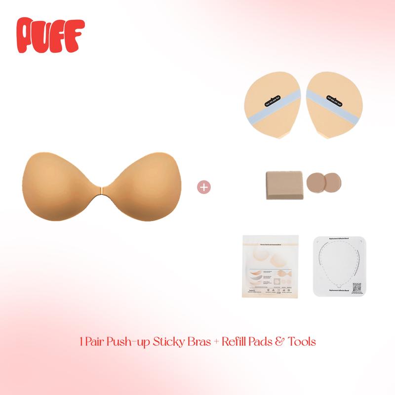 PUFF Adhesive Bra – No.1 Push-up Sticky Bra, Waterproof & Sweat-proof Invisible Bra, Reusable Silicone Adhesive Bra for Women, Includes Storage Board & Replaceable Pads