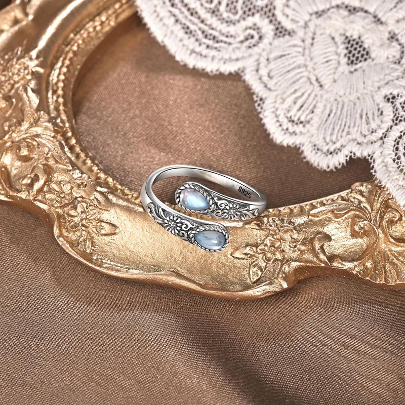 S925 Sterling Silver Moonstone Synthetic Women's Adjustable Thumb Open Ring, Victoria Vintage Style Hypoallergenic Nickel Free, Retro Floral, Lucky, Faith, Mother's Love Ring, Bohemian Style, Daily, Party, Holiday, Valentine's Day, Halloween, Easter Gift