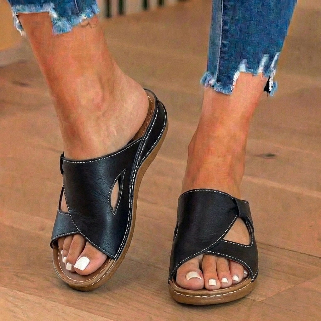 LAST DAY 70% OFF  Orthopedic Leather Crossover Slide Sandals - Contrast Stitching Detail