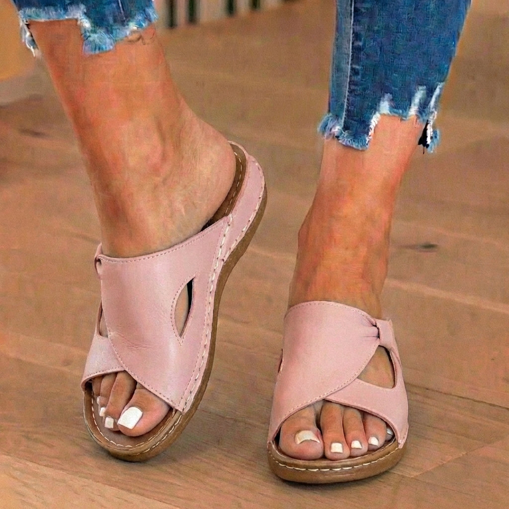 LAST DAY 70% OFF  Orthopedic Leather Crossover Slide Sandals - Contrast Stitching Detail