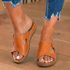LAST DAY 70% OFF  Orthopedic Leather Crossover Slide Sandals - Contrast Stitching Detail