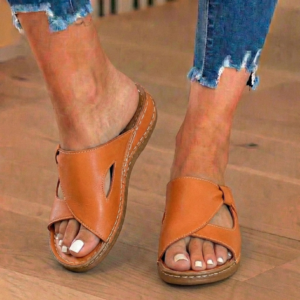 LAST DAY 70% OFF  Orthopedic Leather Crossover Slide Sandals - Contrast Stitching Detail