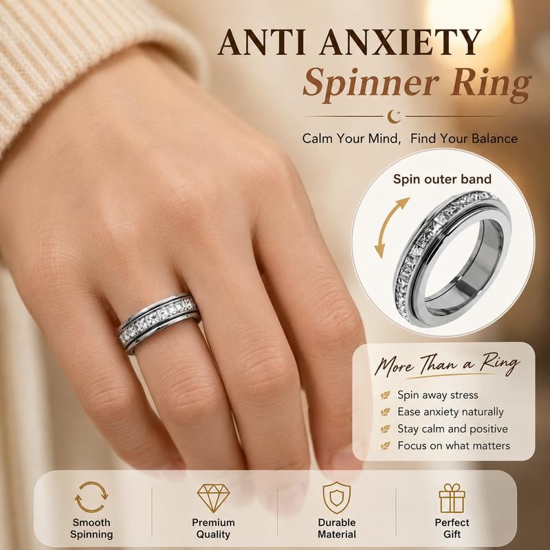 Anxiety Rings for Women and Men Titanium Steel Spinner Fidget Band Rings with Cubic Zirconia for Stress Relief and Wedding Promise Comfort Fit Size 6 to 11