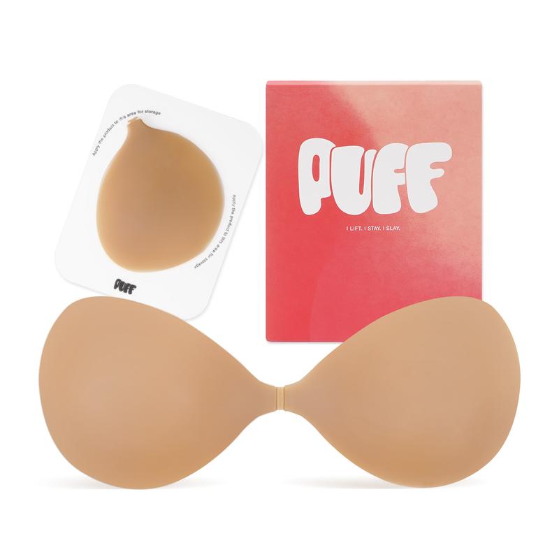 PUFF Adhesive Bra – No.1 Push-up Sticky Bra, Waterproof & Sweat-proof Invisible Bra, Reusable Silicone Adhesive Bra for Women, Includes Storage Board & Replaceable Pads