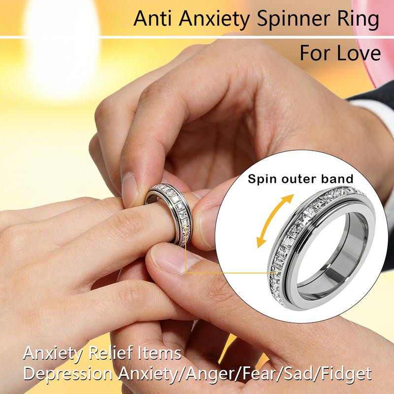 Anxiety Rings for Women and Men Titanium Steel Spinner Fidget Band Rings with Cubic Zirconia for Stress Relief and Wedding Promise Comfort Fit Size 6 to 11