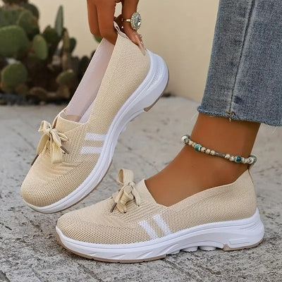 ğŸ”¥Summer Best SellerğŸ”¥Womenâ€™s Breathable Knit Slip-On Sneakers with Bow â€“ Lightweight Low-Top Casual Shoes in Beige u0026 White for Everyday Comfort
