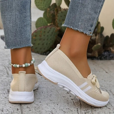 ğŸ”¥Summer Best SellerğŸ”¥Womenâ€™s Breathable Knit Slip-On Sneakers with Bow â€“ Lightweight Low-Top Casual Shoes in Beige u0026 White for Everyday Comfort
