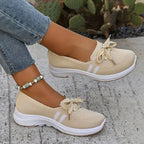 ğŸ”¥Summer Best SellerğŸ”¥Womenâ€™s Breathable Knit Slip-On Sneakers with Bow â€“ Lightweight Low-Top Casual Shoes in Beige u0026 White for Everyday Comfort