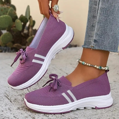 ğŸ”¥Summer Best SellerğŸ”¥Womenâ€™s Breathable Knit Slip-On Sneakers with Bow â€“ Lightweight Low-Top Casual Shoes in Beige u0026 White for Everyday Comfort